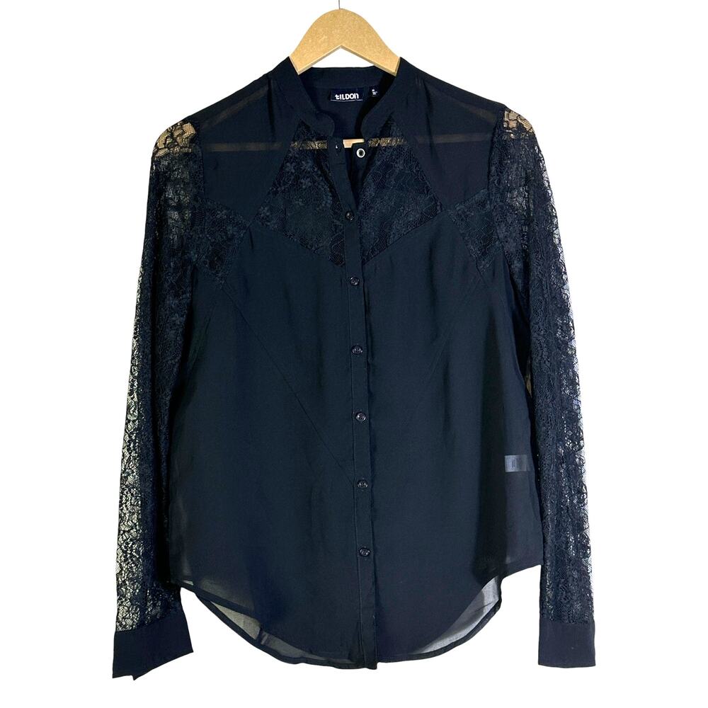Tildon Black Lace Button Down Top Womens XS Sheer Long Sleeve Romantic Goth